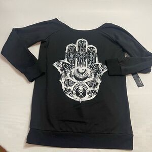 Sullen Angels X Cleo Womens XS Hamsa Evil Eye Pullover Sweatshirt Black Raglan